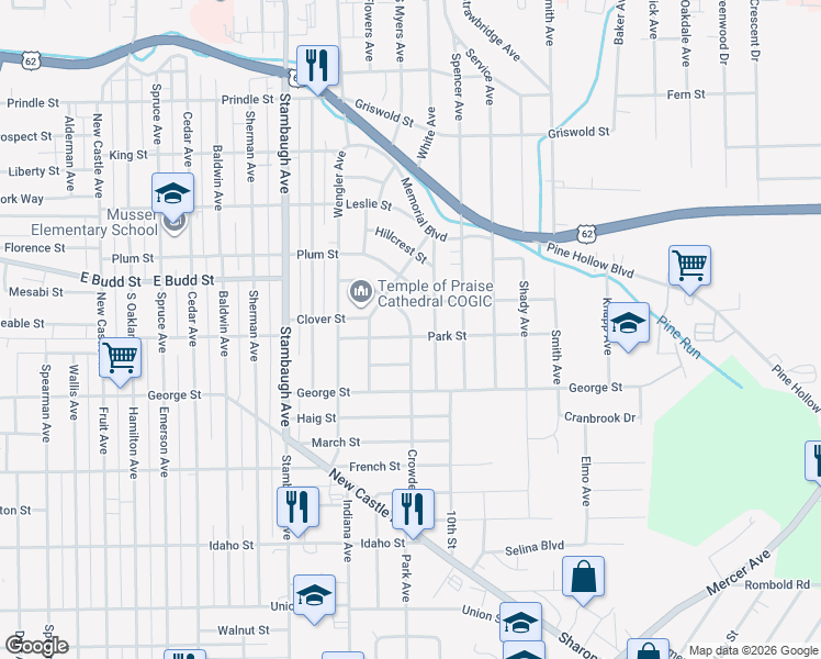 map of restaurants, bars, coffee shops, grocery stores, and more near 731 Crowder Avenue in Sharon