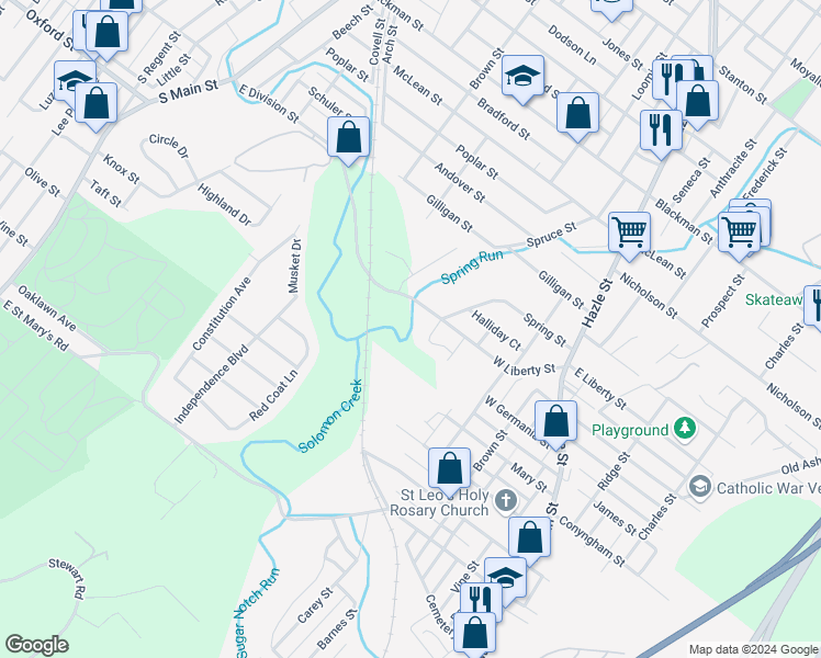 map of restaurants, bars, coffee shops, grocery stores, and more near 101 West Liberty Street in Wilkes-Barre