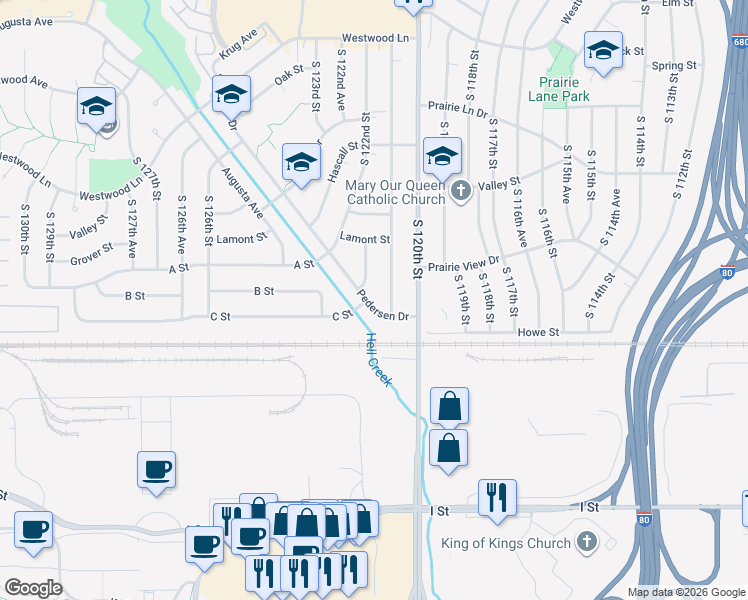 map of restaurants, bars, coffee shops, grocery stores, and more near 3622 South 121st Street in Omaha