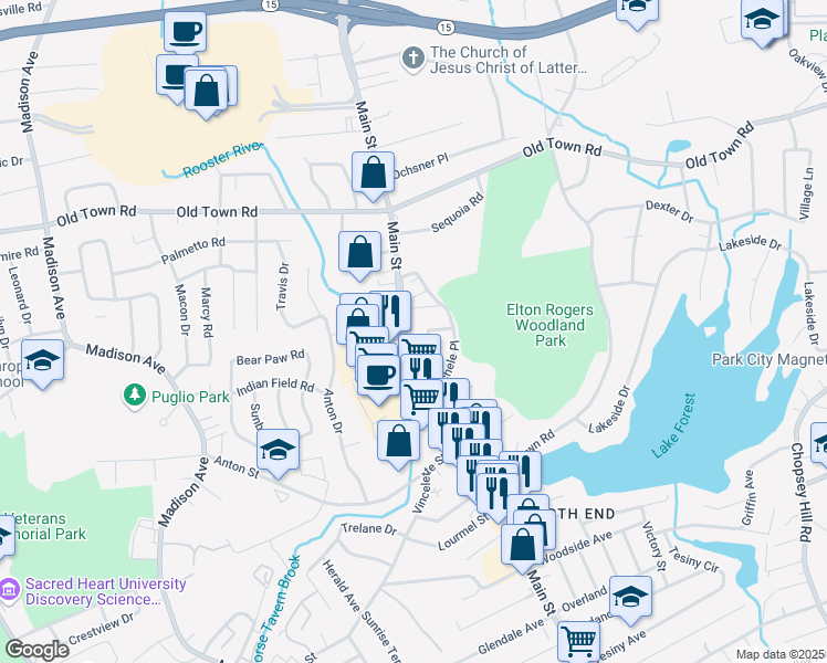 map of restaurants, bars, coffee shops, grocery stores, and more near 4640 Main Street in Bridgeport