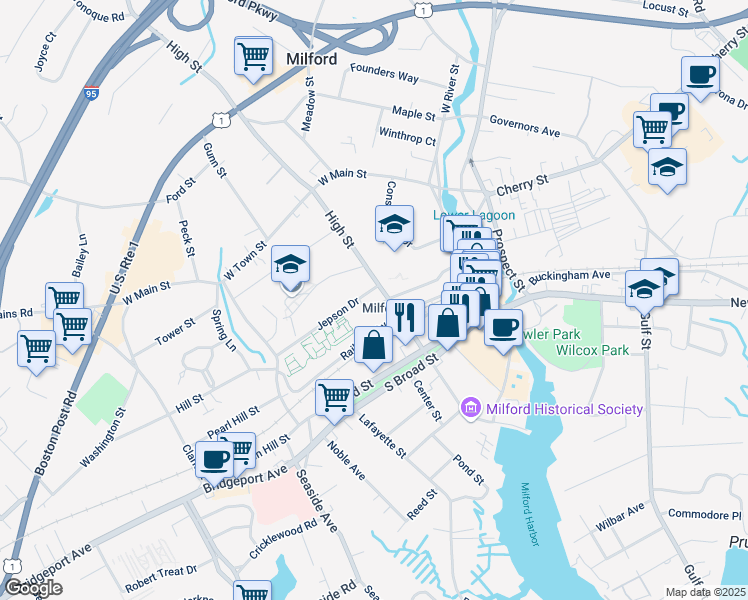 map of restaurants, bars, coffee shops, grocery stores, and more near 9 Jepson Drive in Milford