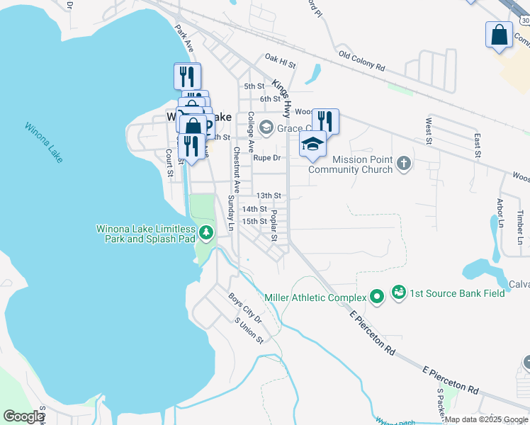 map of restaurants, bars, coffee shops, grocery stores, and more near 202 14th St in Winona Lake