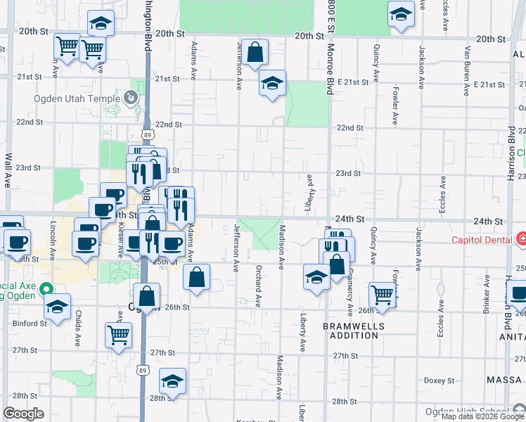map of restaurants, bars, coffee shops, grocery stores, and more near 650 24th Street in Ogden