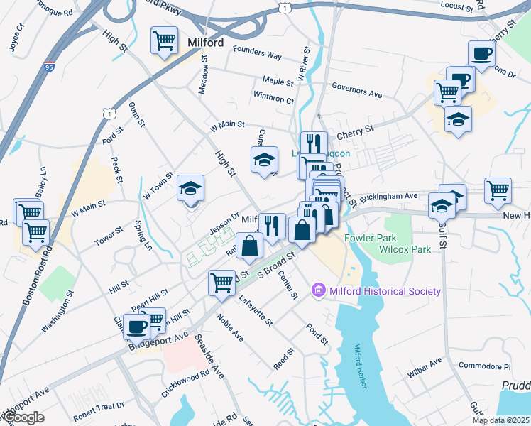 map of restaurants, bars, coffee shops, grocery stores, and more near 51 Darina Place in Milford