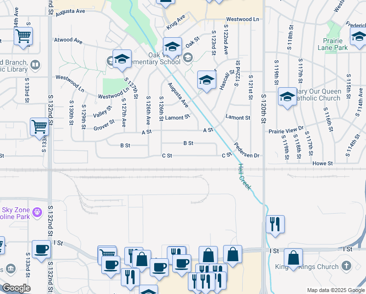 map of restaurants, bars, coffee shops, grocery stores, and more near 12457 B Street in Omaha