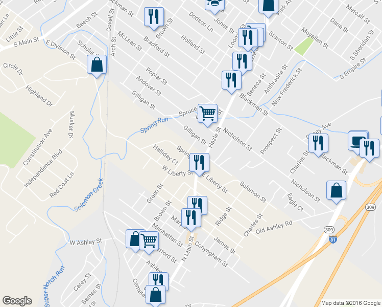 map of restaurants, bars, coffee shops, grocery stores, and more near 15-17 Spring Street in Wilkes-Barre