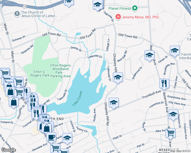 map of restaurants, bars, coffee shops, grocery stores, and more near 4 Pine Point Drive in Bridgeport