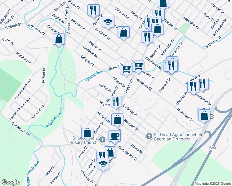 map of restaurants, bars, coffee shops, grocery stores, and more near 19 Spring Street in Ashley
