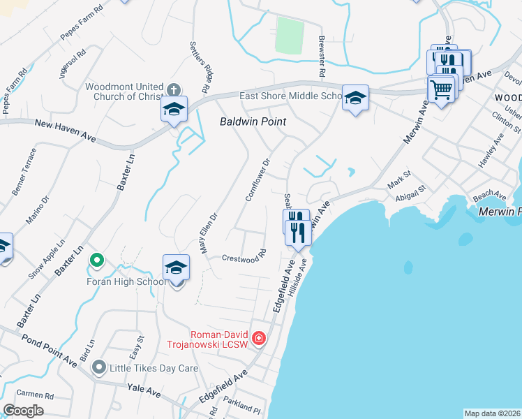 map of restaurants, bars, coffee shops, grocery stores, and more near 32 Crestwood Road in Milford
