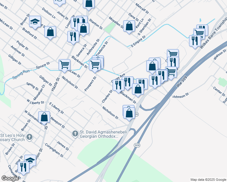 map of restaurants, bars, coffee shops, grocery stores, and more near 1003 Charles Street in Wilkes-Barre