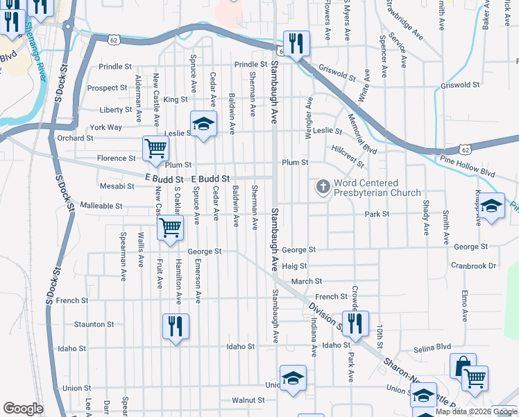 map of restaurants, bars, coffee shops, grocery stores, and more near 727 Sherman Avenue in Sharon