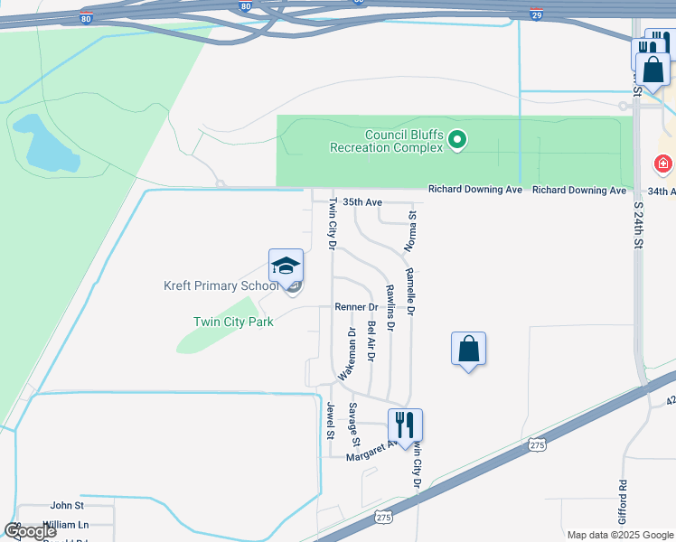 map of restaurants, bars, coffee shops, grocery stores, and more near 3022 Bel Air Drive in Council Bluffs