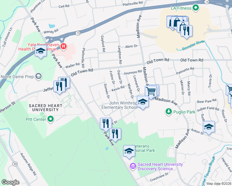 map of restaurants, bars, coffee shops, grocery stores, and more near 203 Folino Drive in Bridgeport