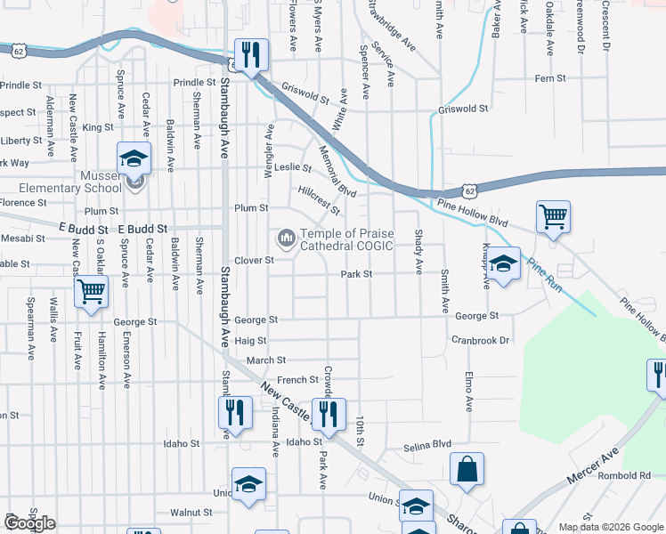 map of restaurants, bars, coffee shops, grocery stores, and more near 731 Crowder Avenue in Sharon