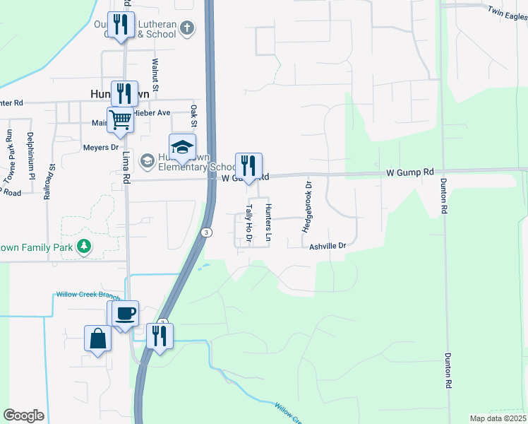 map of restaurants, bars, coffee shops, grocery stores, and more near 15107 Hunters Lane in Huntertown