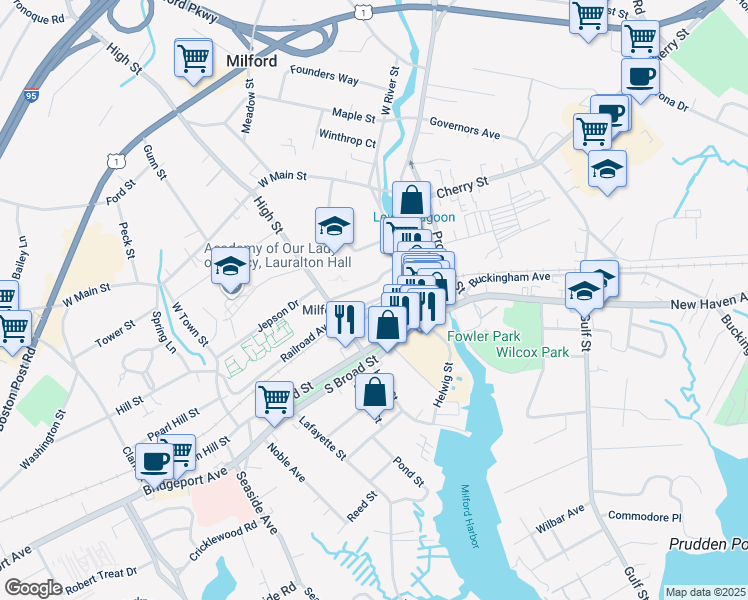 map of restaurants, bars, coffee shops, grocery stores, and more near 1 Railroad Avenue in Milford