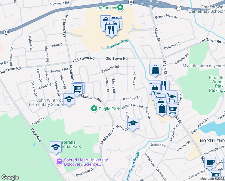 map of restaurants, bars, coffee shops, grocery stores, and more near 10 Marcy Road in Bridgeport