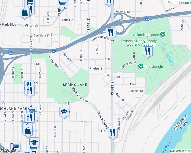 map of restaurants, bars, coffee shops, grocery stores, and more near 1413 C Street in Omaha