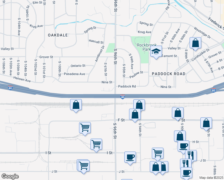 map of restaurants, bars, coffee shops, grocery stores, and more near 9606 Southby Plaza in Omaha