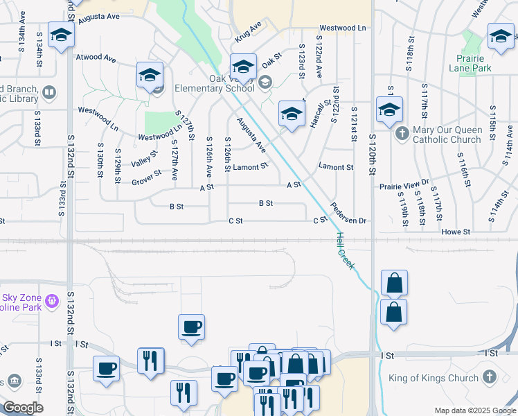 map of restaurants, bars, coffee shops, grocery stores, and more near 12457 B Street in Omaha