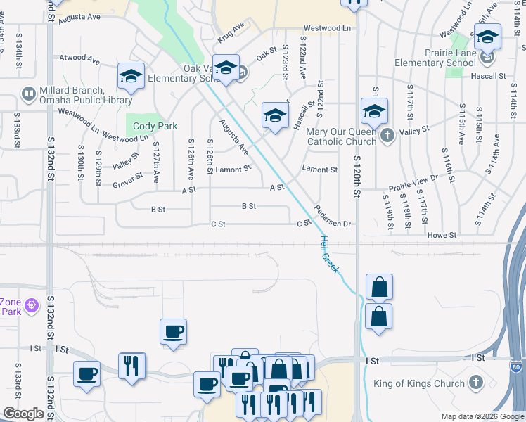 map of restaurants, bars, coffee shops, grocery stores, and more near 12339 B Street in Omaha