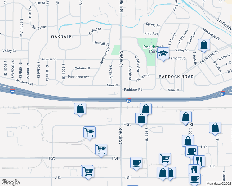 map of restaurants, bars, coffee shops, grocery stores, and more near 9606 Southby Plaza in Omaha