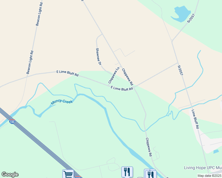map of restaurants, bars, coffee shops, grocery stores, and more near 1260 East Lime Bluff Road in Muncy