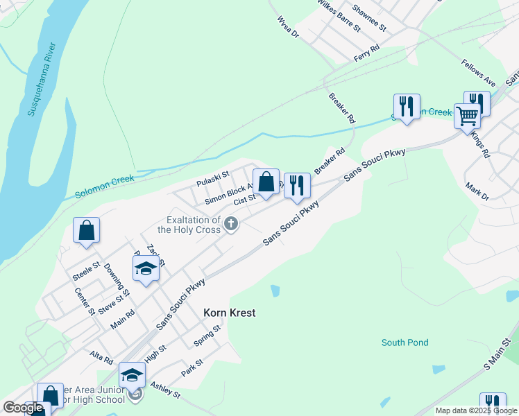 map of restaurants, bars, coffee shops, grocery stores, and more near 373 Main Road in Wilkes-Barre