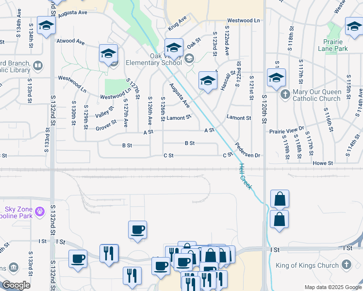 map of restaurants, bars, coffee shops, grocery stores, and more near 12457 B Street in Omaha