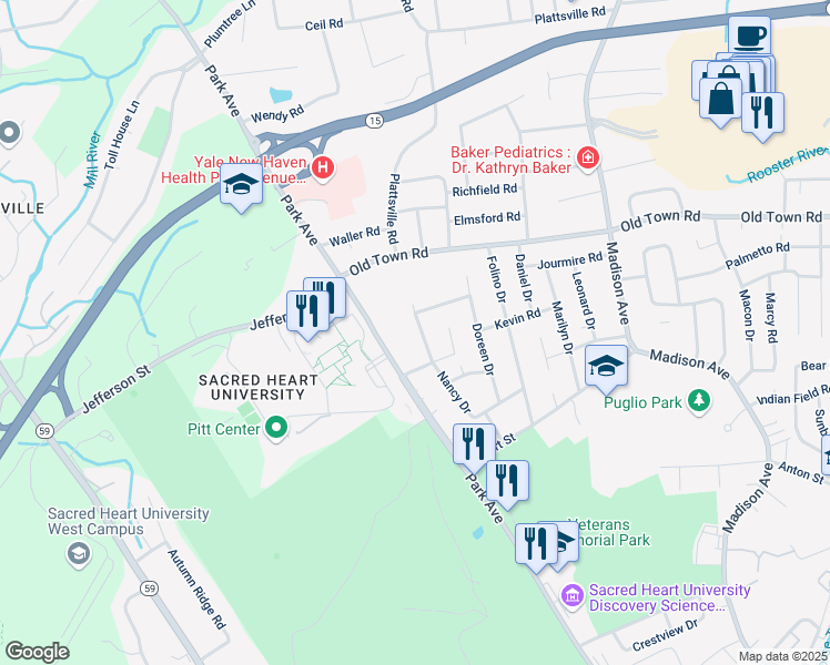map of restaurants, bars, coffee shops, grocery stores, and more near 339 Nancy Drive in Bridgeport