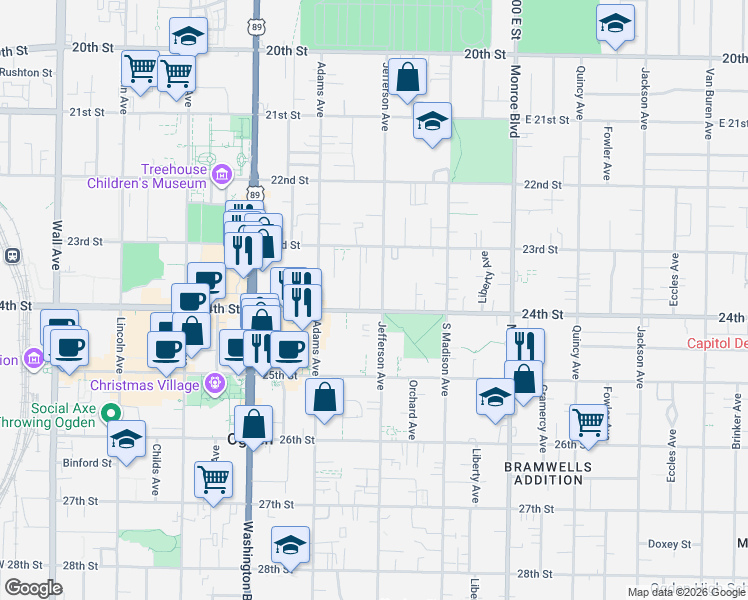 map of restaurants, bars, coffee shops, grocery stores, and more near 2377 Jefferson Avenue in Ogden