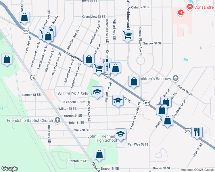 map of restaurants, bars, coffee shops, grocery stores, and more near 1566 Willard Avenue Southeast in Warren