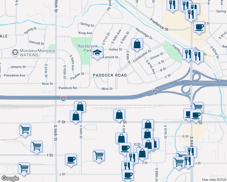 map of restaurants, bars, coffee shops, grocery stores, and more near 9011 Nina Street in Omaha