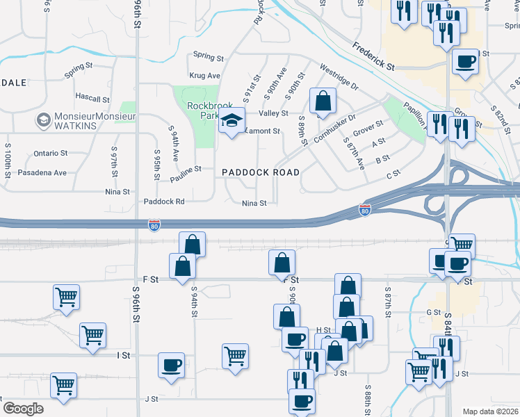 map of restaurants, bars, coffee shops, grocery stores, and more near 9011 Nina Street in Omaha