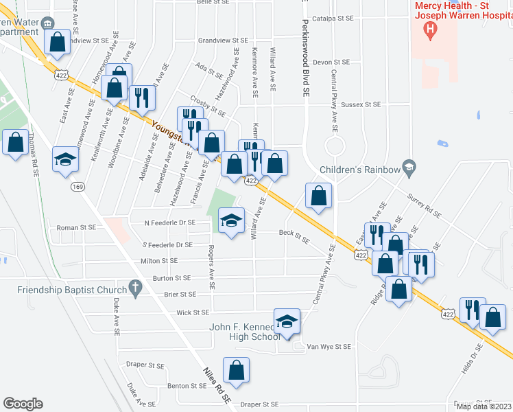 map of restaurants, bars, coffee shops, grocery stores, and more near 1566 Willard Avenue Southeast in Warren