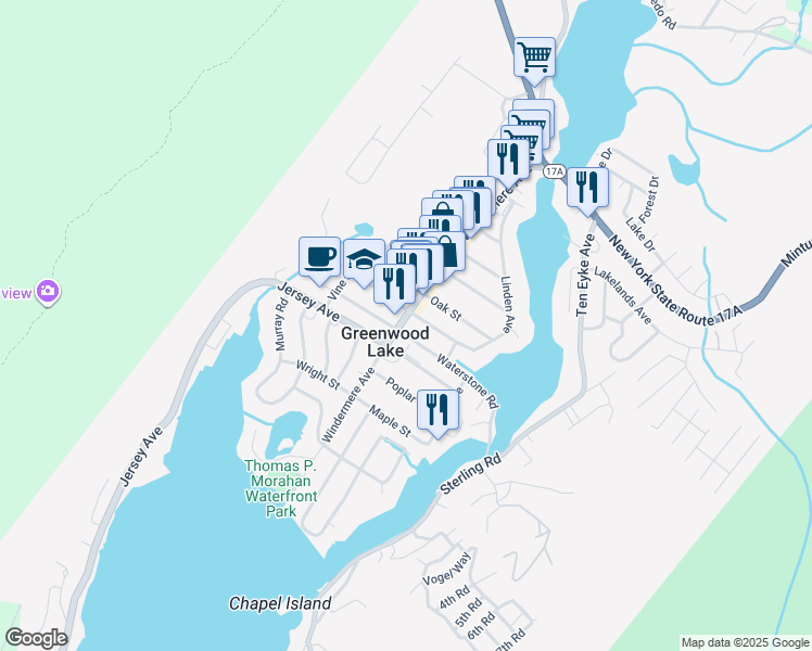 map of restaurants, bars, coffee shops, grocery stores, and more near 74 Windermere Ave in Greenwood Lake