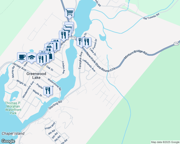 map of restaurants, bars, coffee shops, grocery stores, and more near 2 Fernwood Drive in Greenwood Lake