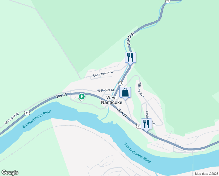 map of restaurants, bars, coffee shops, grocery stores, and more near 23-25 West Poplar Street in Nanticoke