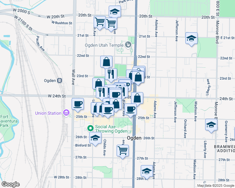 map of restaurants, bars, coffee shops, grocery stores, and more near in Marriott-Slaterville