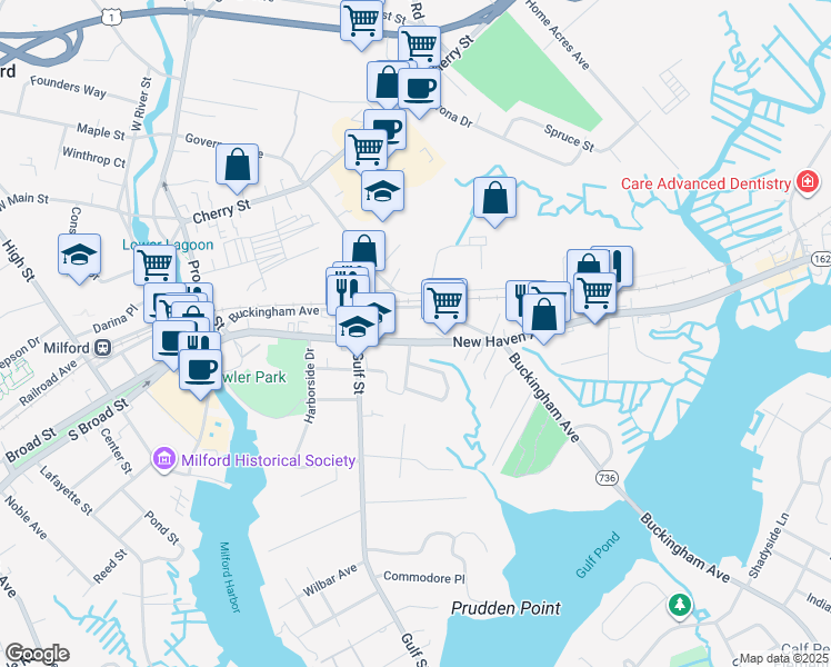 map of restaurants, bars, coffee shops, grocery stores, and more near 228 New Haven Avenue in Milford
