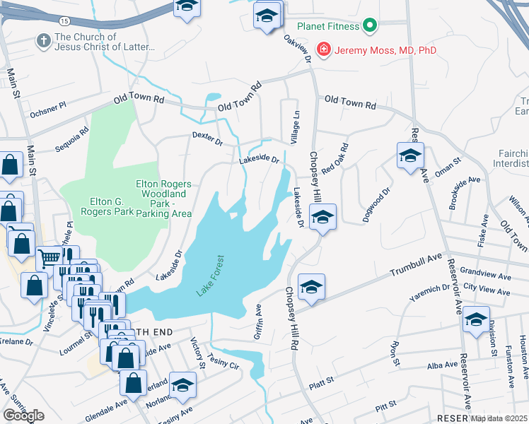 map of restaurants, bars, coffee shops, grocery stores, and more near 4 Pine Point Drive in Bridgeport