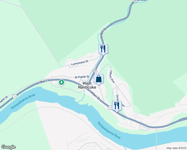 map of restaurants, bars, coffee shops, grocery stores, and more near 5 North Mill Street in Nanticoke