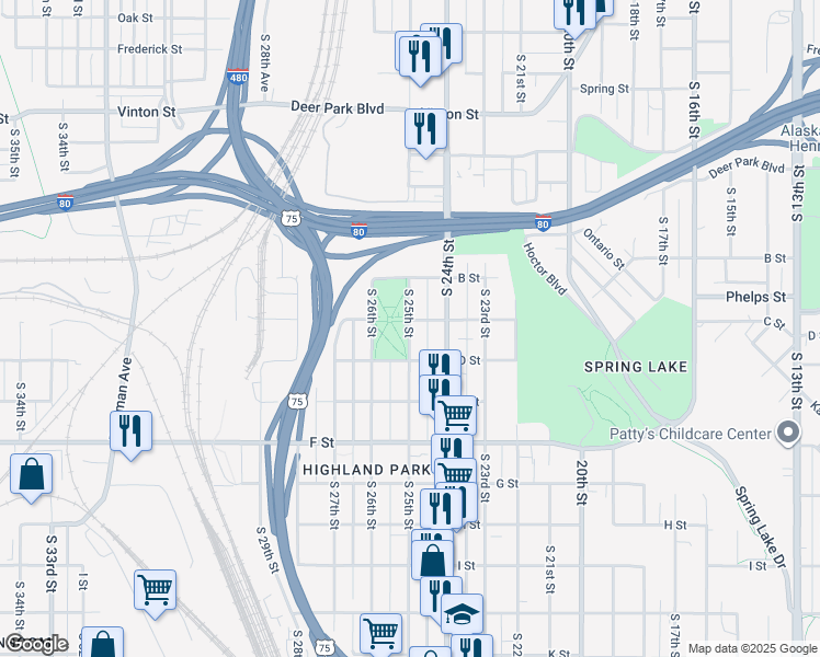 map of restaurants, bars, coffee shops, grocery stores, and more near 2512 D Street in Omaha