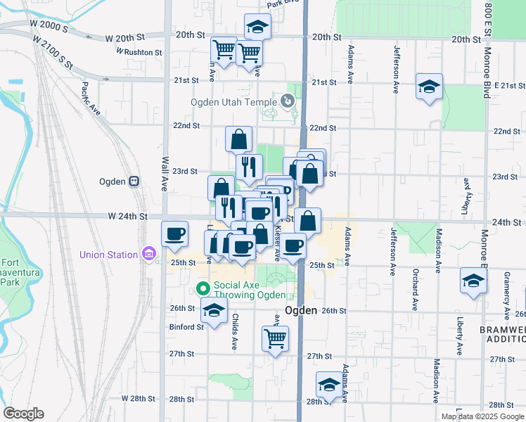 map of restaurants, bars, coffee shops, grocery stores, and more near 2374 Grant Avenue in Ogden