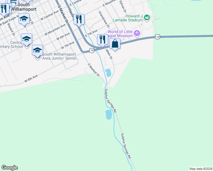 map of restaurants, bars, coffee shops, grocery stores, and more near 1198 Main St in South Williamsport