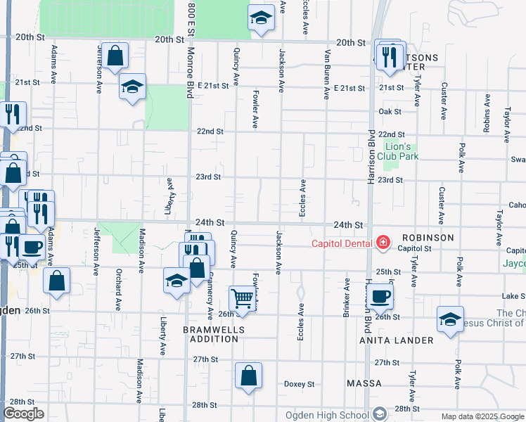 map of restaurants, bars, coffee shops, grocery stores, and more near 3472 South Fowler Avenue in Ogden