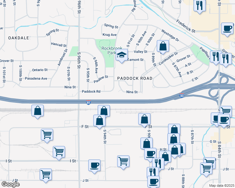 map of restaurants, bars, coffee shops, grocery stores, and more near 9221 Adel Circle in Omaha