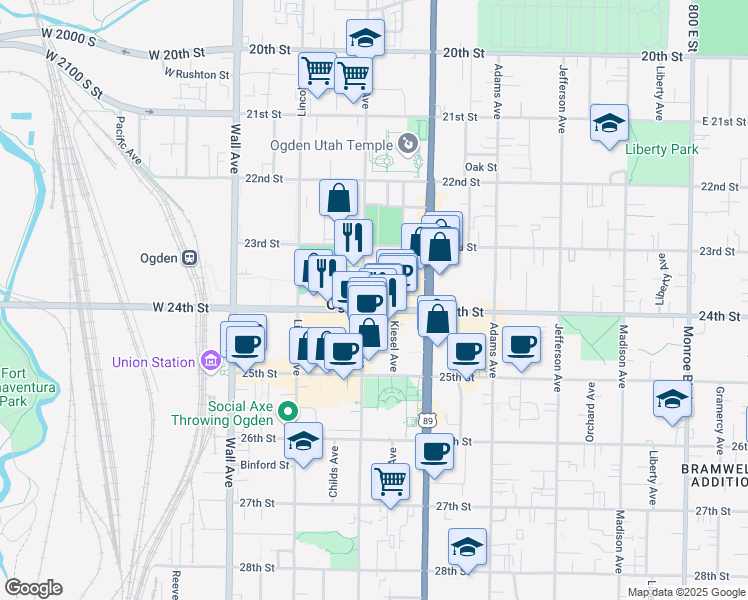 map of restaurants, bars, coffee shops, grocery stores, and more near 2374 Grant Avenue in Ogden
