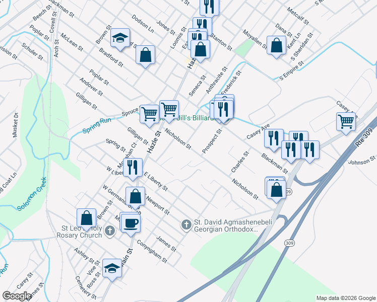 map of restaurants, bars, coffee shops, grocery stores, and more near 91 Nicholson Street in Wilkes-Barre