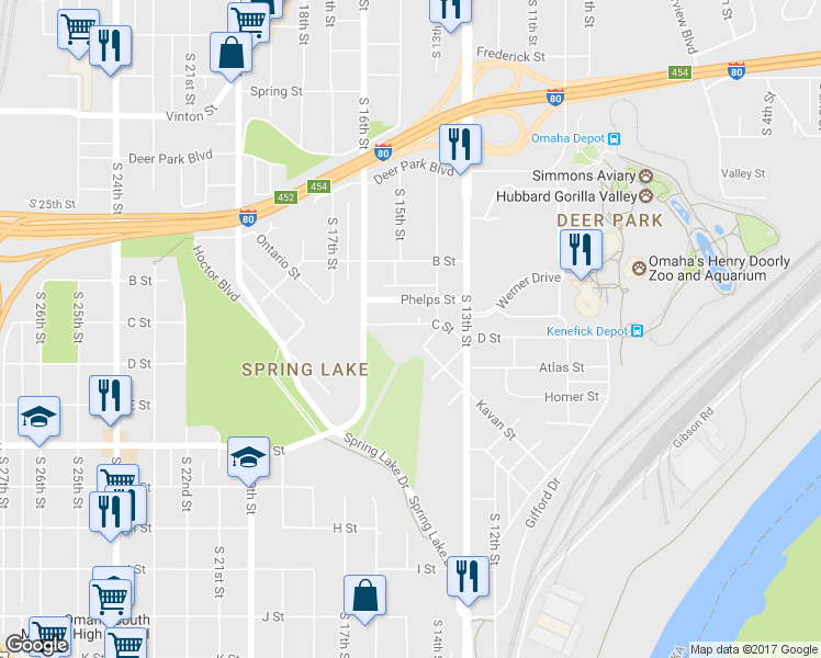 map of restaurants, bars, coffee shops, grocery stores, and more near 1413 C Street in Omaha